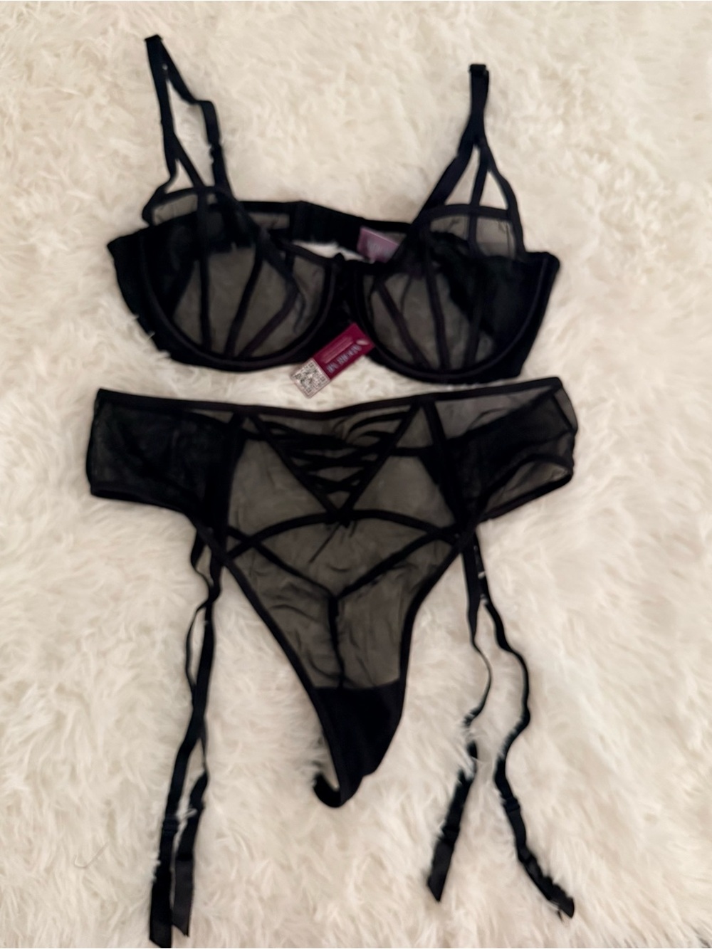Adore Me Bianca Black Sheer Lace Underwire Bra & Garter Panty Set